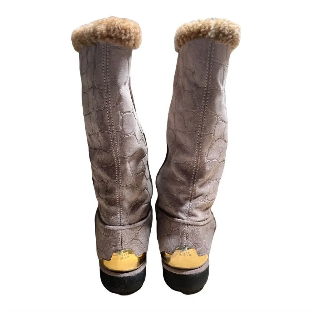Stuart Weitzman Gray Tan Croc Embossed Winter Snow Boots Size 7 Medium